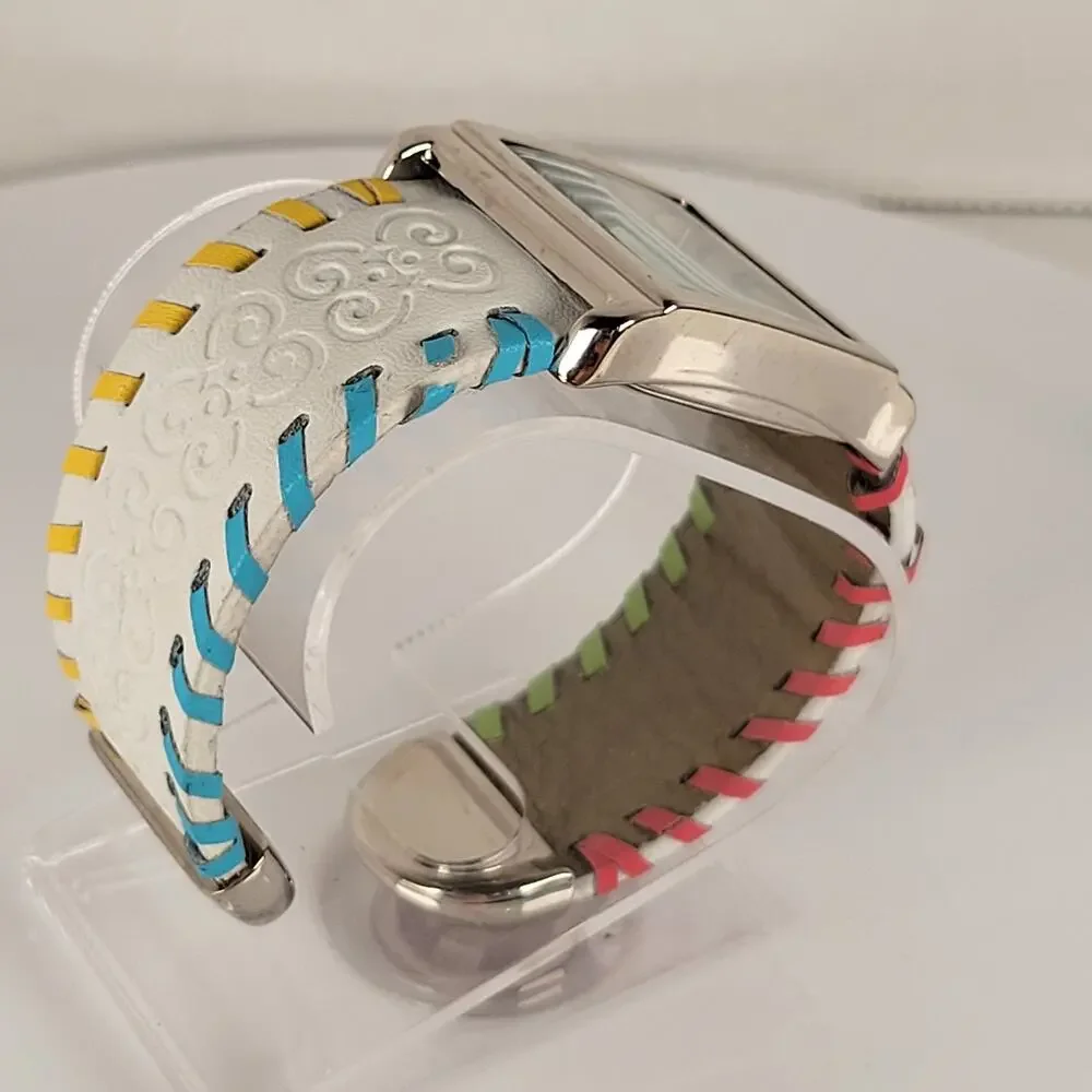 Silver Quartz Watch with Embossed Cuff White Leather Strap and Multicolor Design